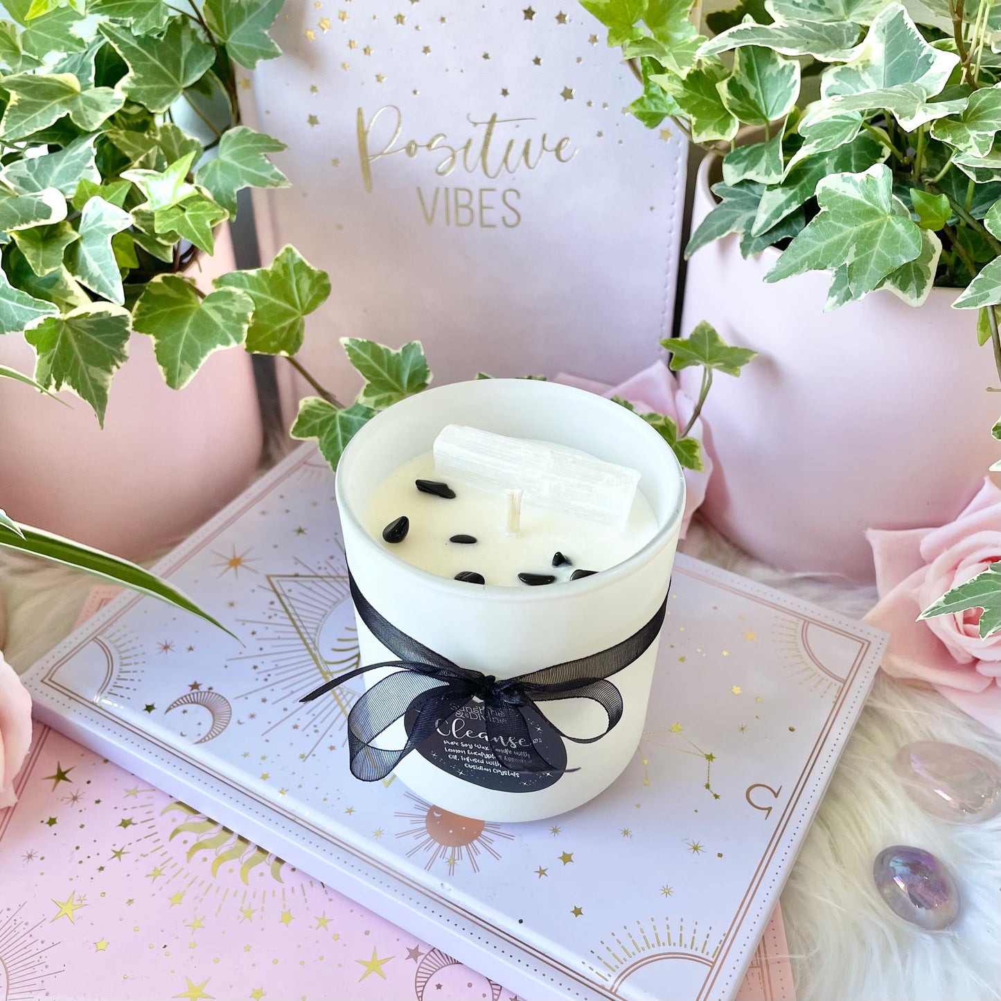 CLEANSE Crystal Candle with lemon eucalyptus essential oil, soy wax, selenite and black obsidian crystals, intention candle cleansing