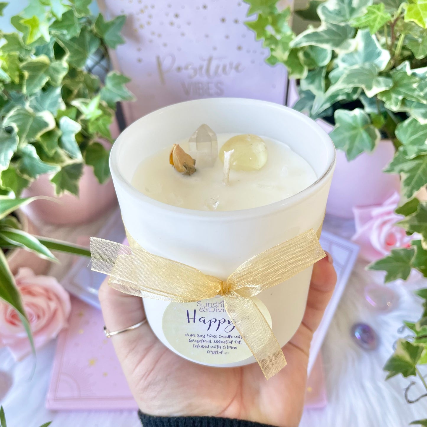 HAPPY Crystal Candle with Citrine, yellow rose and clear Quartz. Our soy wax, grapefruit essential oil intention candle