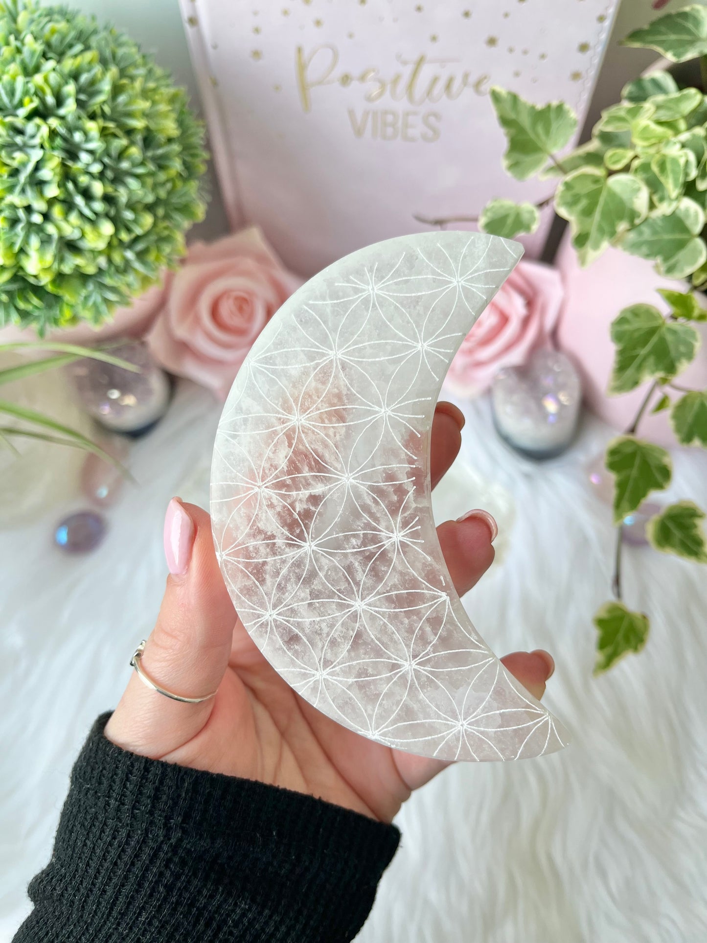 Selenite Flower of Life Carved Cleansing Moon