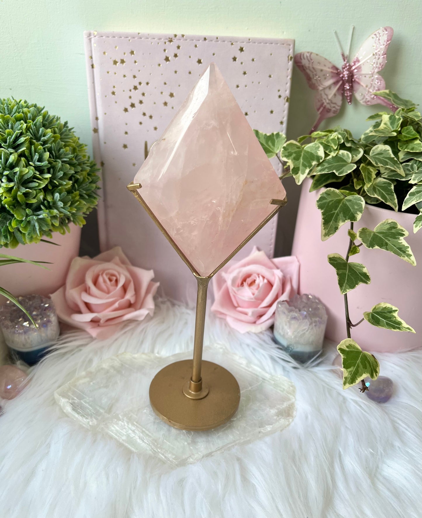 Rose Quartz Diamond on Gold stand
