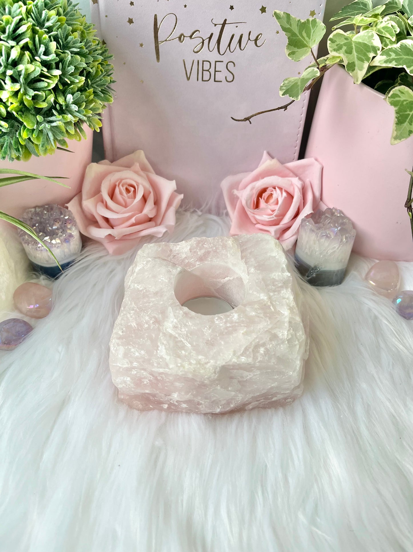 Raw Rose Quartz T Light Holder