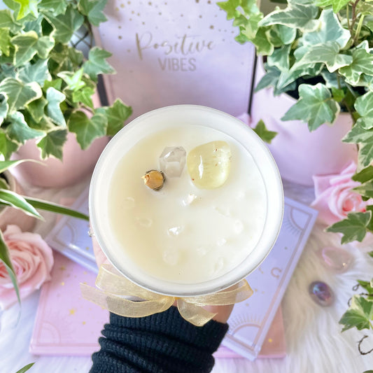 HAPPY Crystal Candle with Citrine, yellow rose and clear Quartz. Our soy wax, grapefruit essential oil intention candle