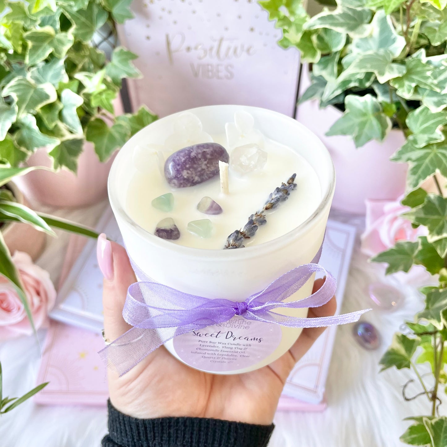 Sweet Dreams Crystal Candle soy wax pure essential oils Ylang Ylang lavender chamomile crystals fluorite lepidolite and clear Quartz