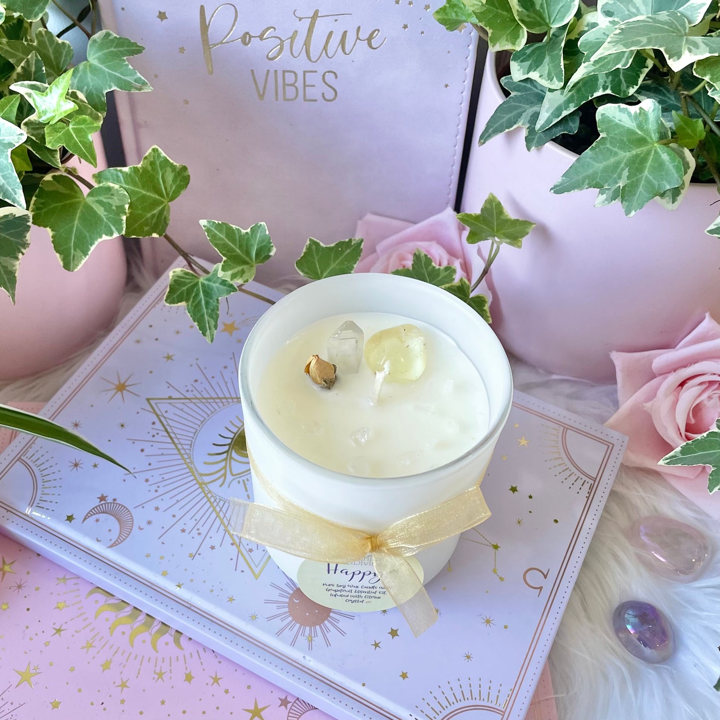 HAPPY Crystal Candle with Citrine, yellow rose and clear Quartz. Our soy wax, grapefruit essential oil intention candle