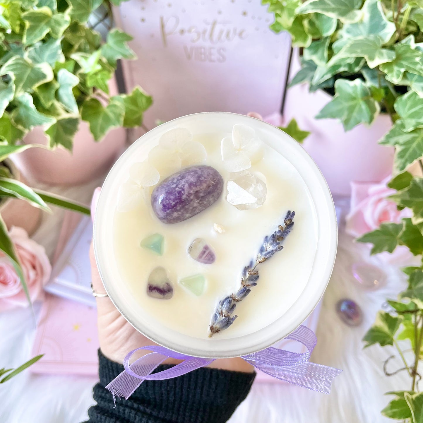 Sweet Dreams Crystal Candle soy wax pure essential oils Ylang Ylang lavender chamomile crystals fluorite lepidolite and clear Quartz