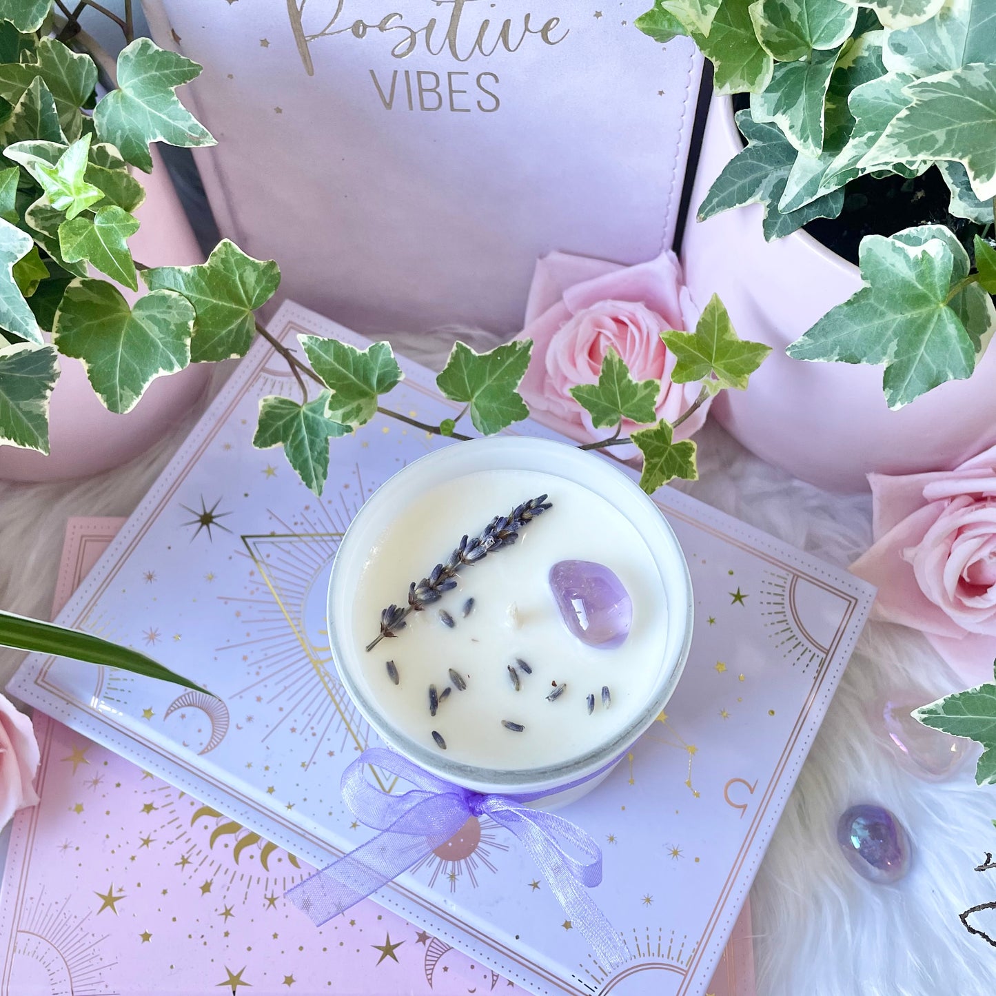 Calm Crystal Candle with pure soy wax and lavender essential oil, amethyst crystal intention candle