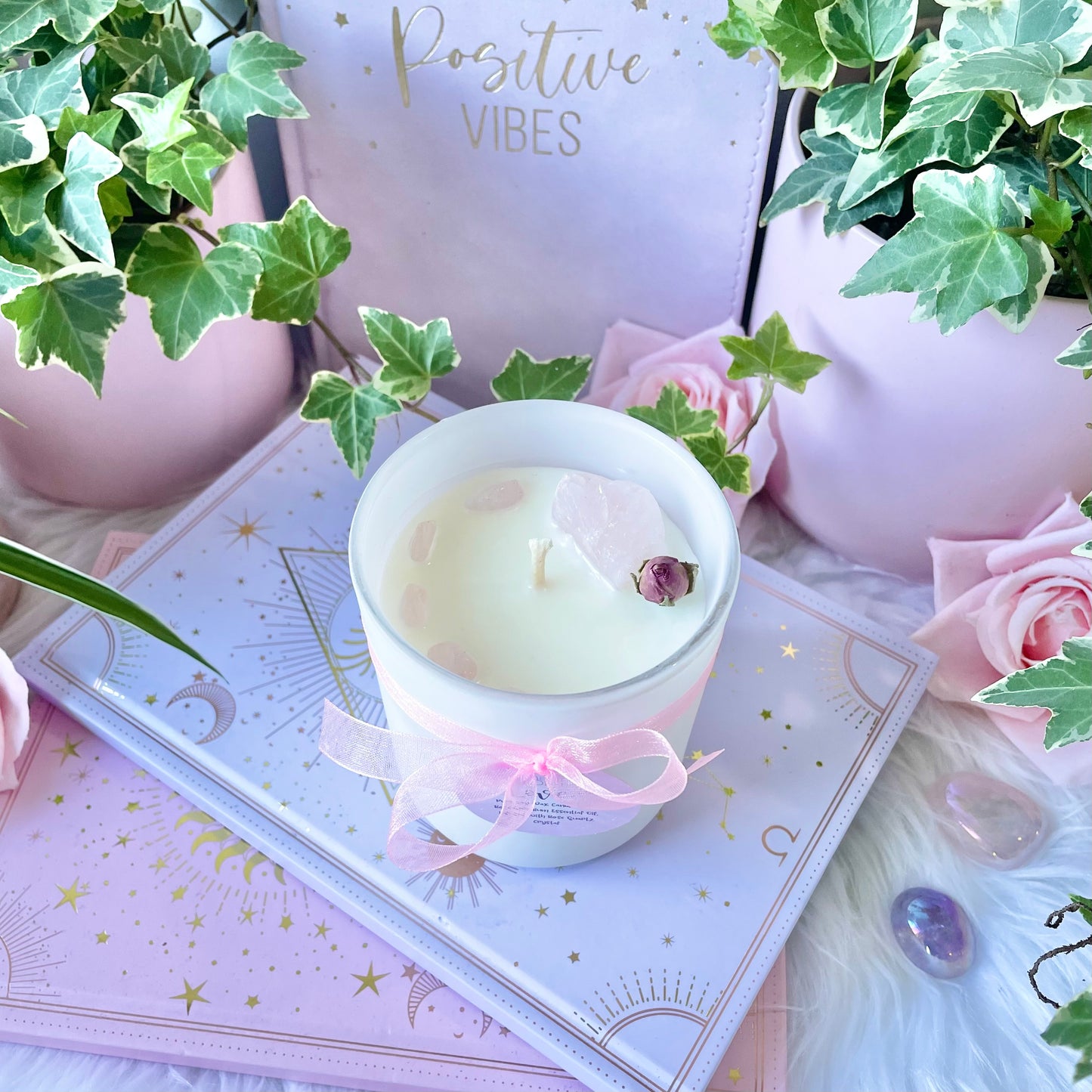 Love Crystal Candle soy wax rose geranium pure essential oil rose Quartz crystal