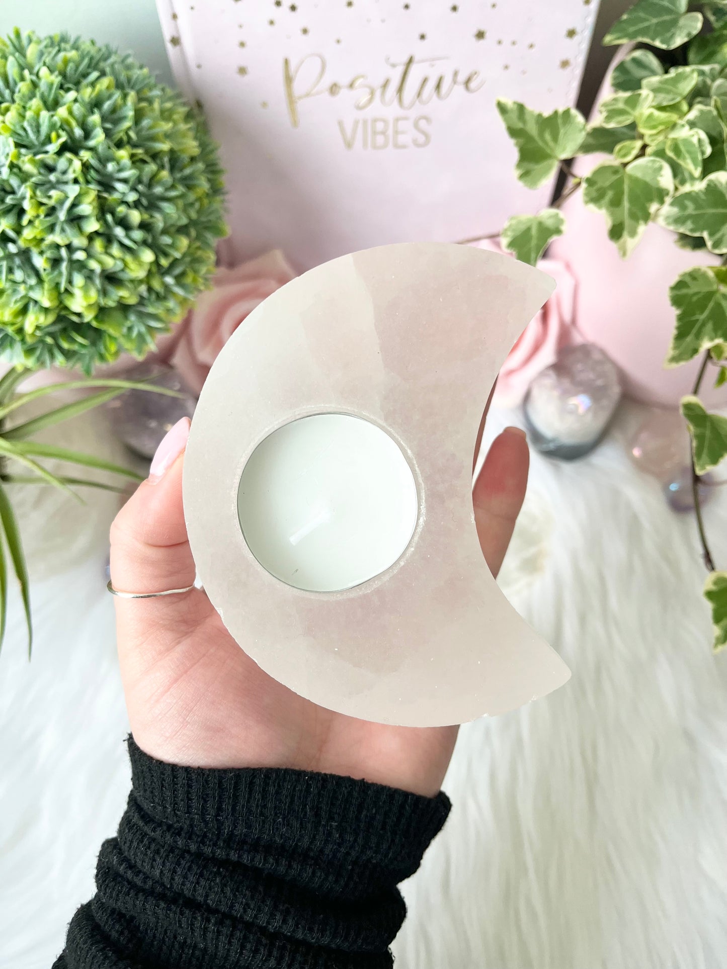 Selenite Moon T Light Holder