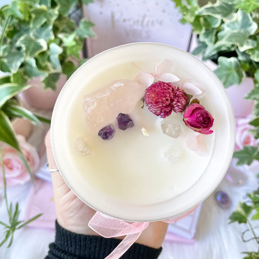 Summer Meadows Soy Wax Candle with Clary Sage, Lavender, Geranium, and Neroli essential oils, rose Quartz amethyst & clear Quartz crystals