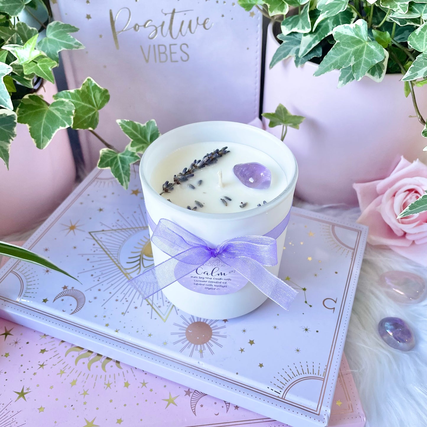Calm Crystal Candle with pure soy wax and lavender essential oil, amethyst crystal intention candle