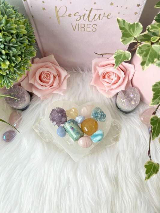 Selenite Heart Bowl with crystals