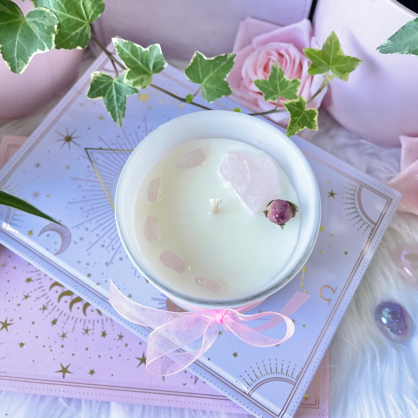 Love Crystal Candle soy wax rose geranium pure essential oil rose Quartz crystal