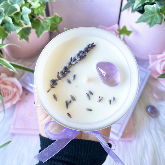 Calm Crystal Candle with pure soy wax and lavender essential oil, amethyst crystal intention candle