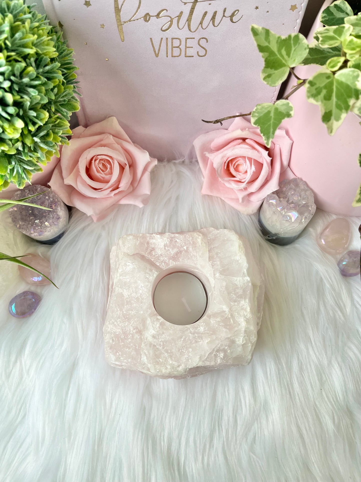 Raw Rose Quartz T Light Holder