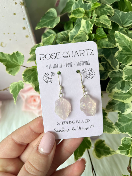 Sterling Silver Raw Rose Quartz Earrings