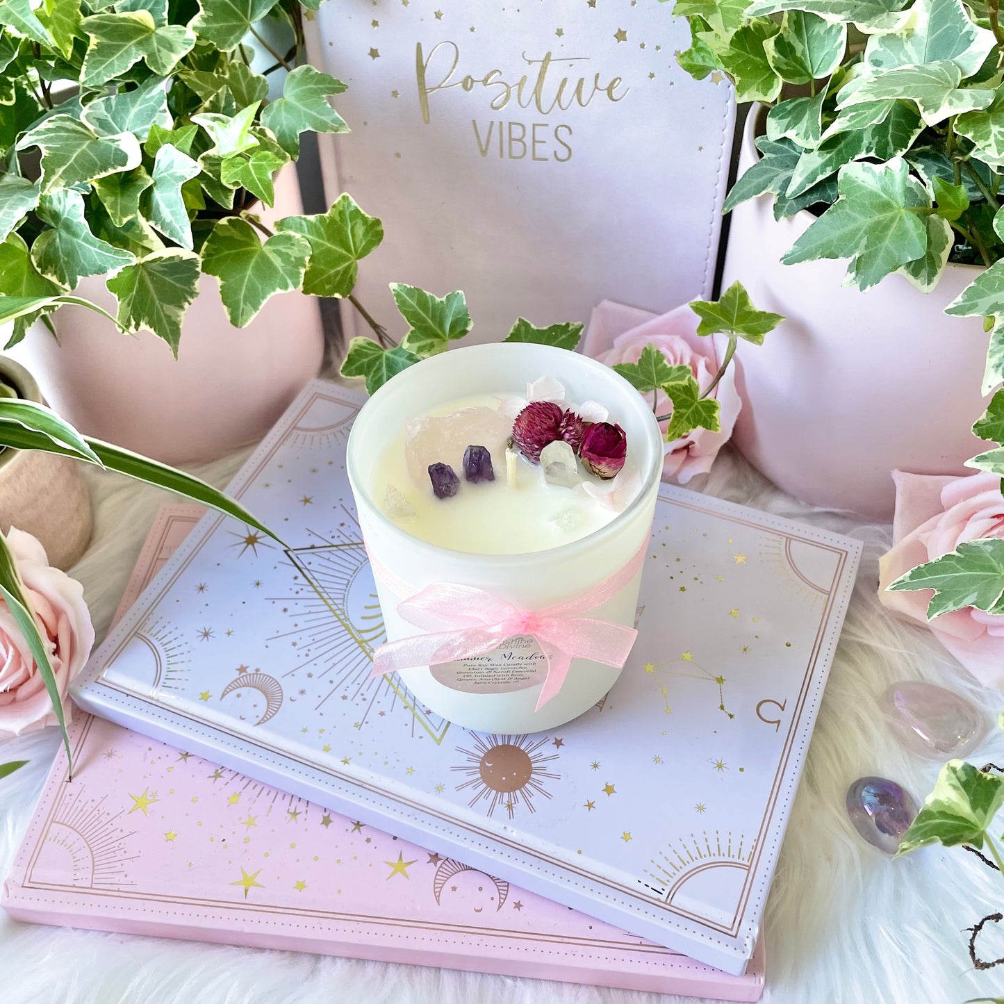 Summer Meadows Soy Wax Candle with Clary Sage, Lavender, Geranium, and Neroli essential oils, rose Quartz amethyst & clear Quartz crystals