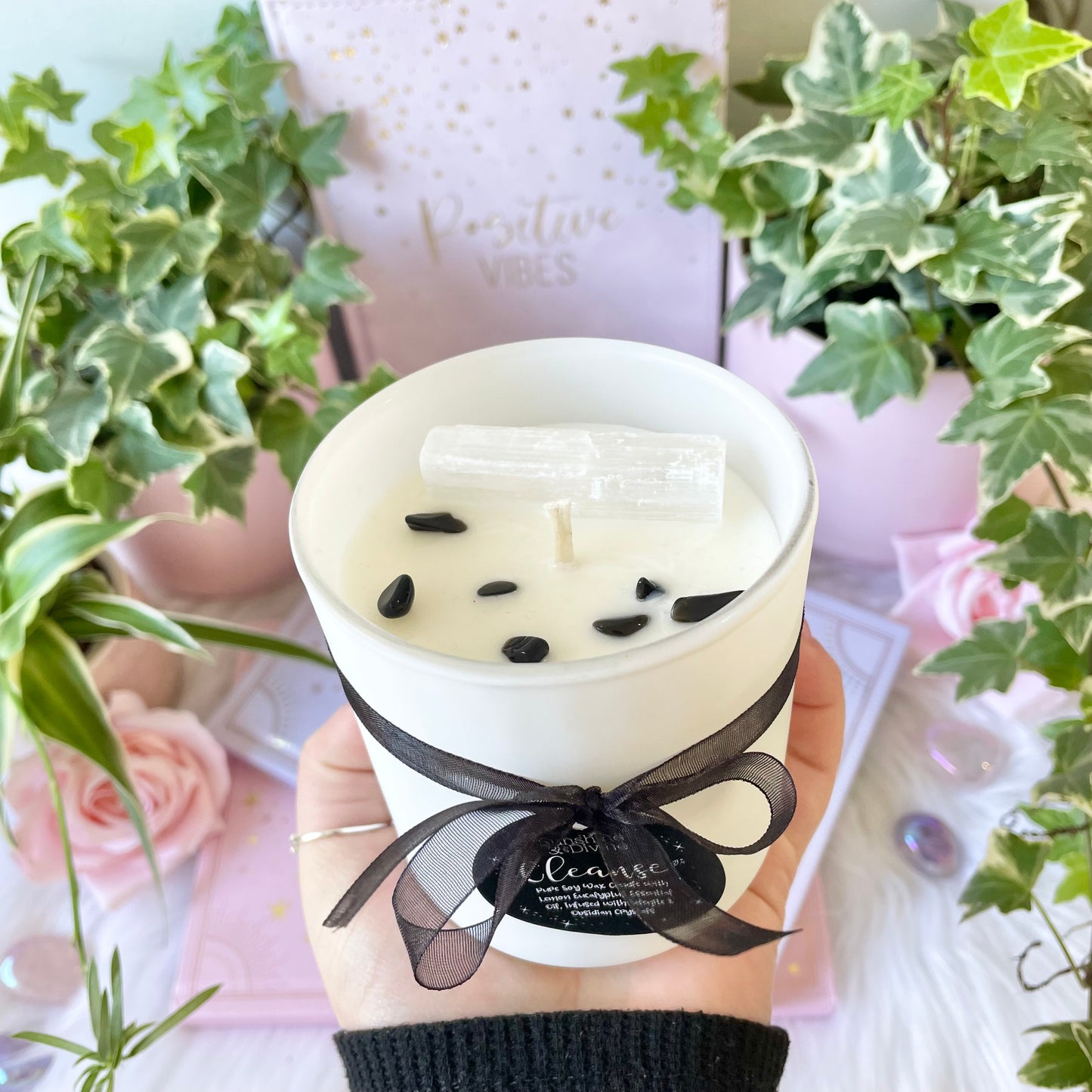 CLEANSE Crystal Candle with lemon eucalyptus essential oil, soy wax, selenite and black obsidian crystals, intention candle cleansing
