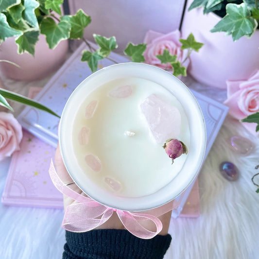 Love Crystal Candle soy wax rose geranium pure essential oil rose Quartz crystal