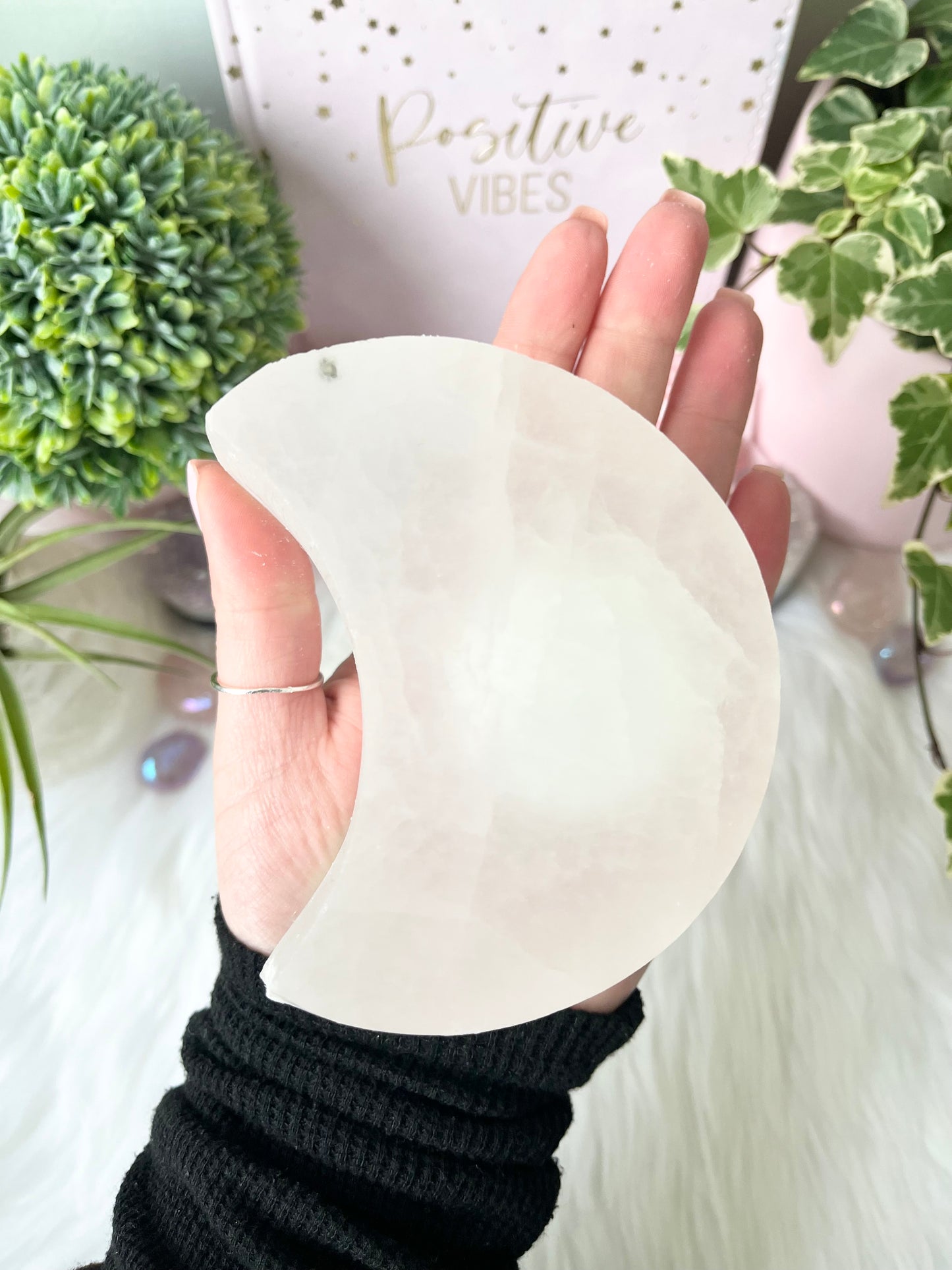 Selenite Moon T Light Holder back