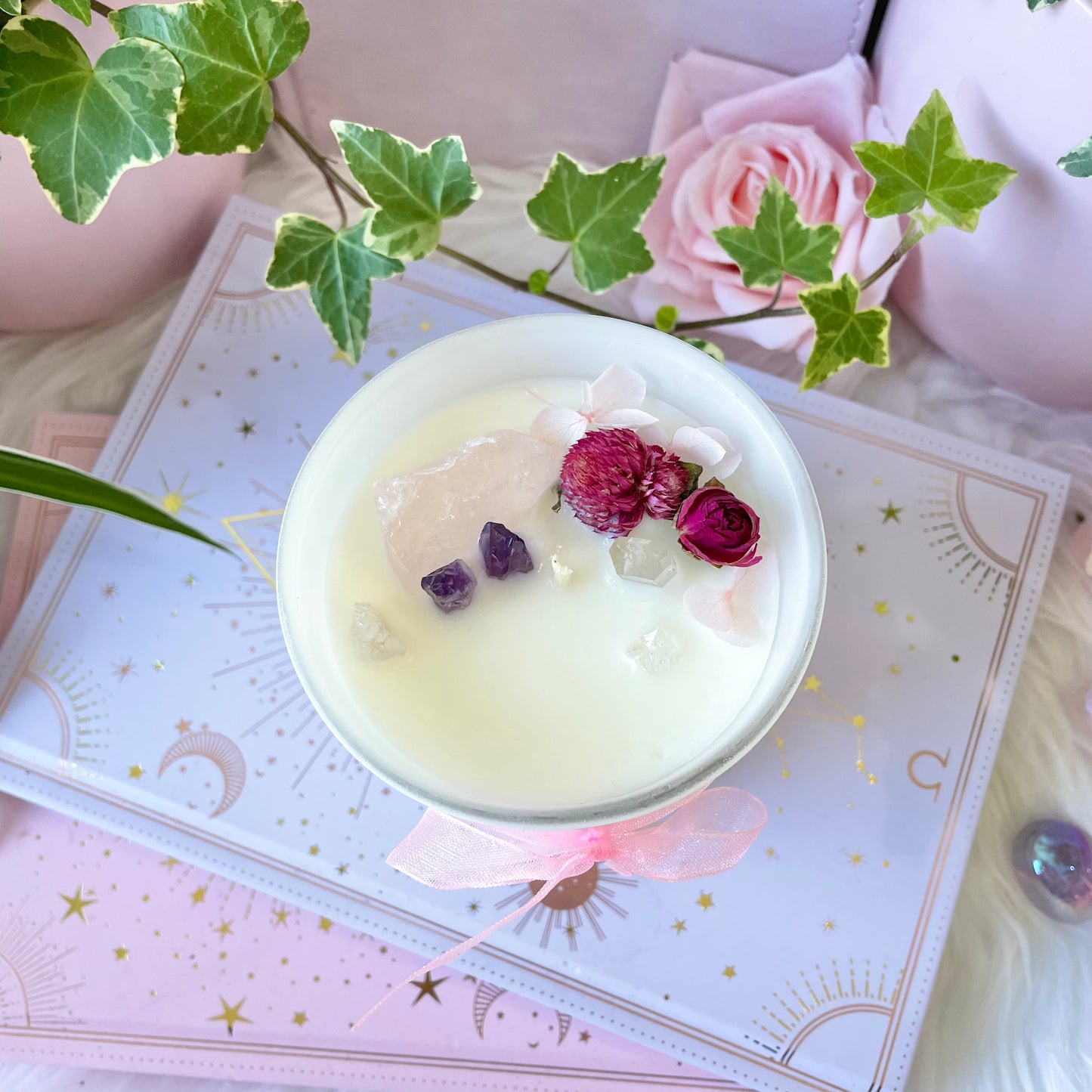 Summer Meadows Soy Wax Candle with Clary Sage, Lavender, Geranium, and Neroli essential oils, rose Quartz amethyst & clear Quartz crystals