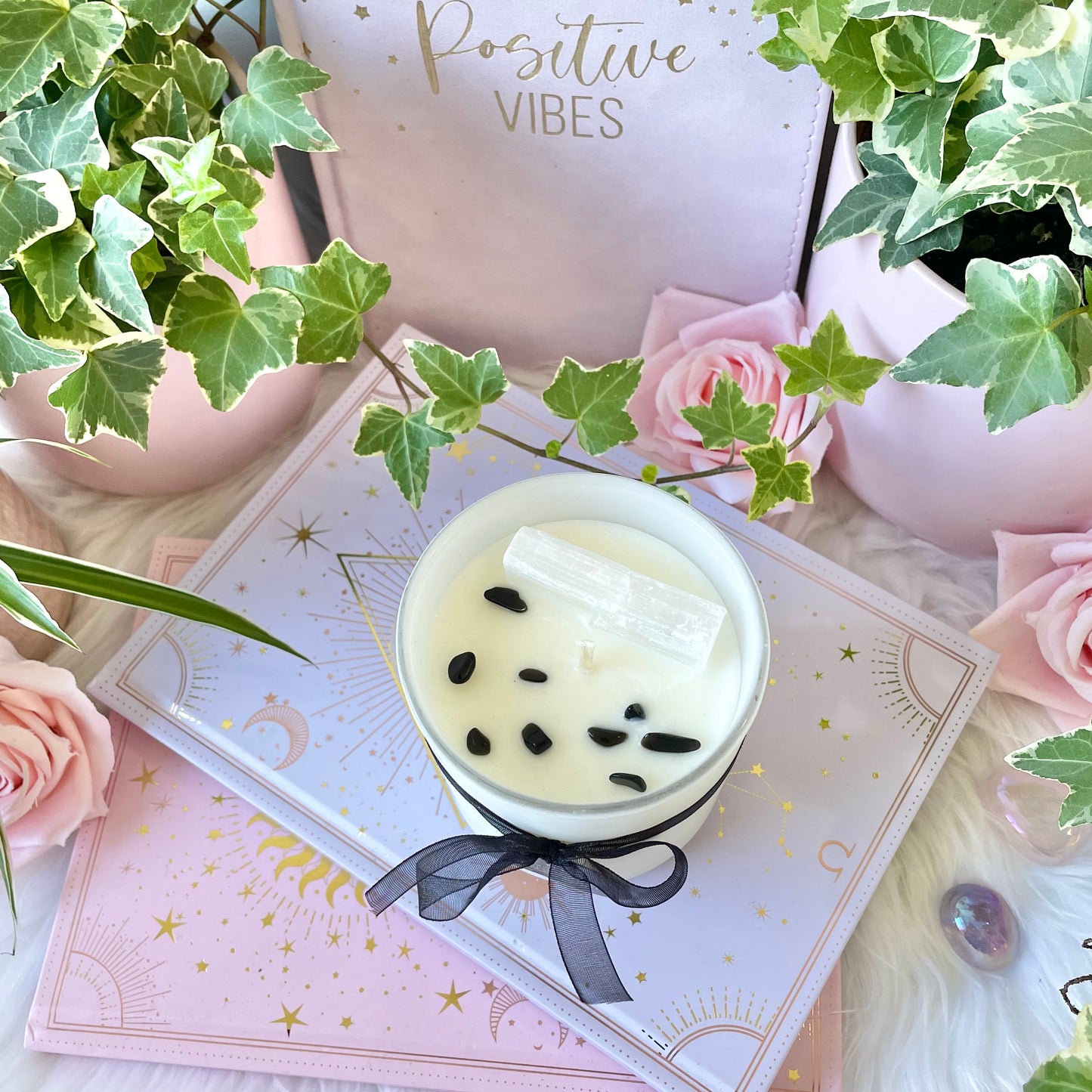 CLEANSE Crystal Candle with lemon eucalyptus essential oil, soy wax, selenite and black obsidian crystals, intention candle cleansing