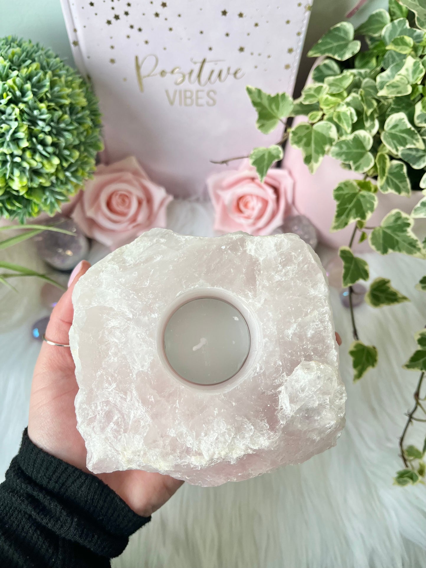 Raw Rose Quartz T Light holder