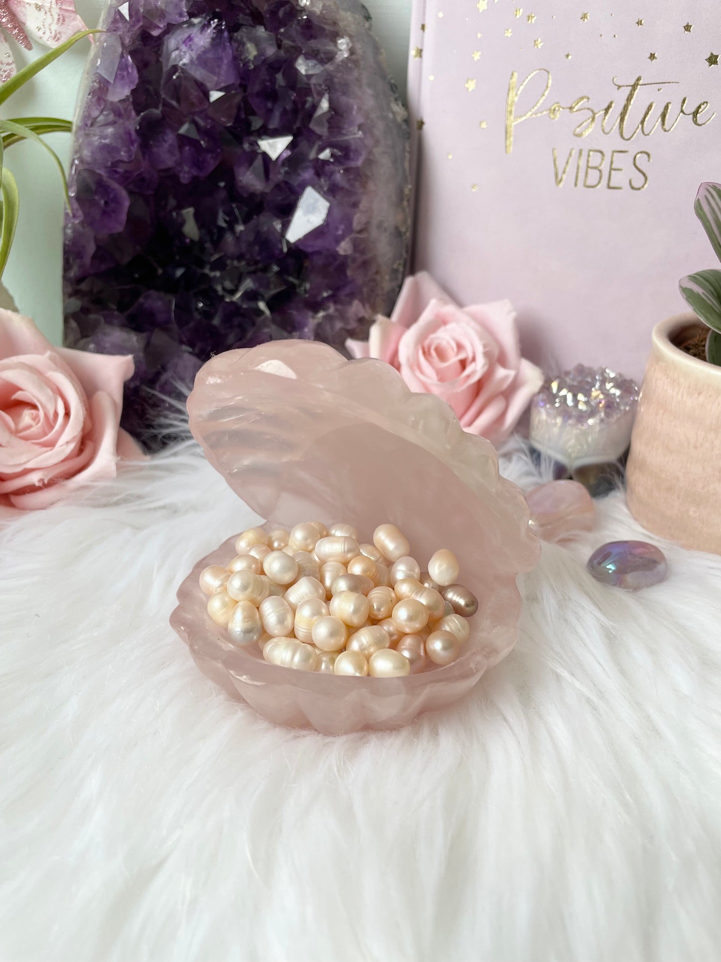 Fresh Water Pearls in Rose Quartz Clam shell carving