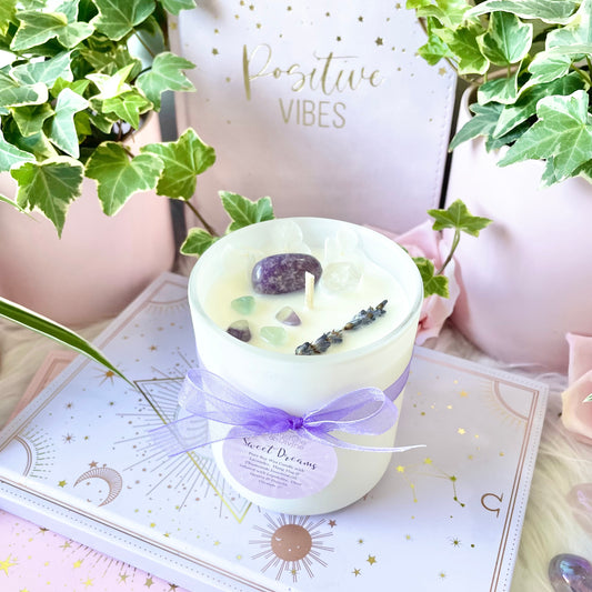 Sweet Dreams Crystal Candle soy wax pure essential oils Ylang Ylang lavender chamomile crystals fluorite lepidolite and clear Quartz