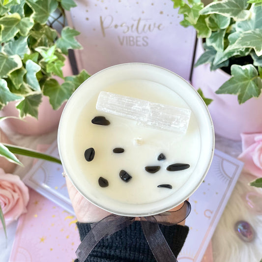 CLEANSE Crystal Candle with lemon eucalyptus essential oil, soy wax, selenite and black obsidian crystals, intention candle cleansing
