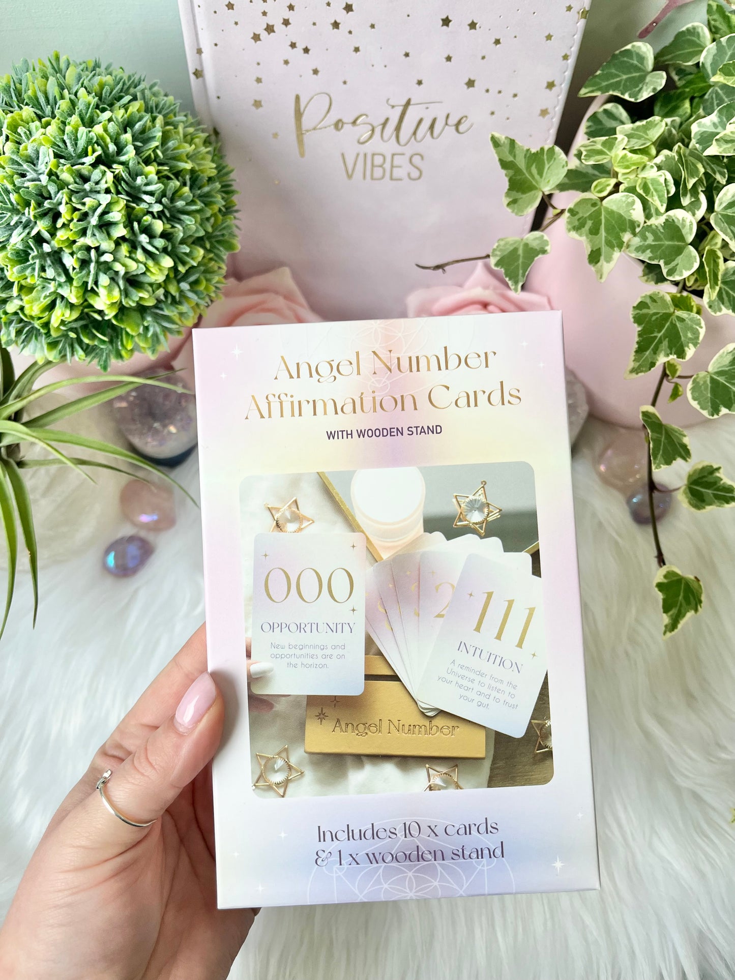 Angel Number Affirmation Cards with wooden gold stand