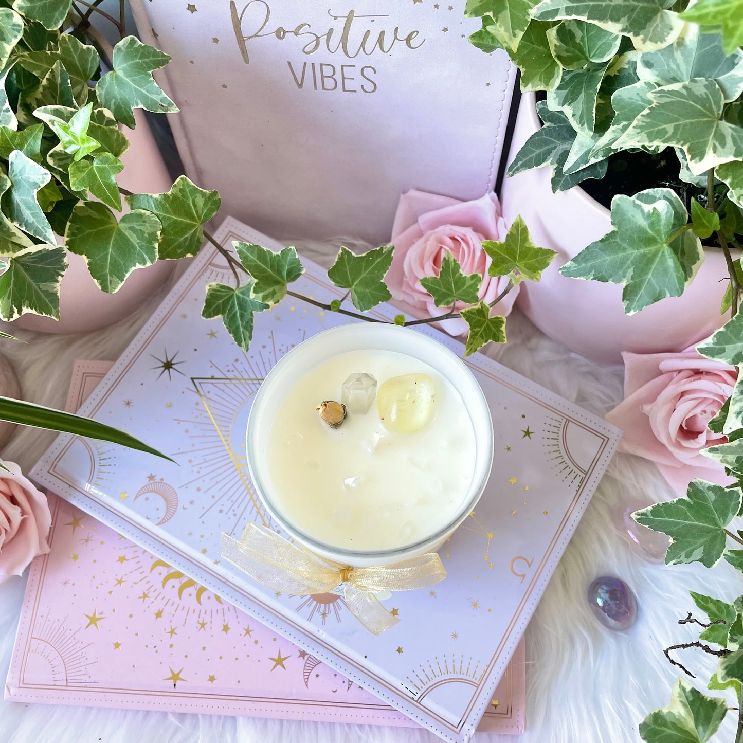 HAPPY Crystal Candle with Citrine, yellow rose and clear Quartz. Our soy wax, grapefruit essential oil intention candle