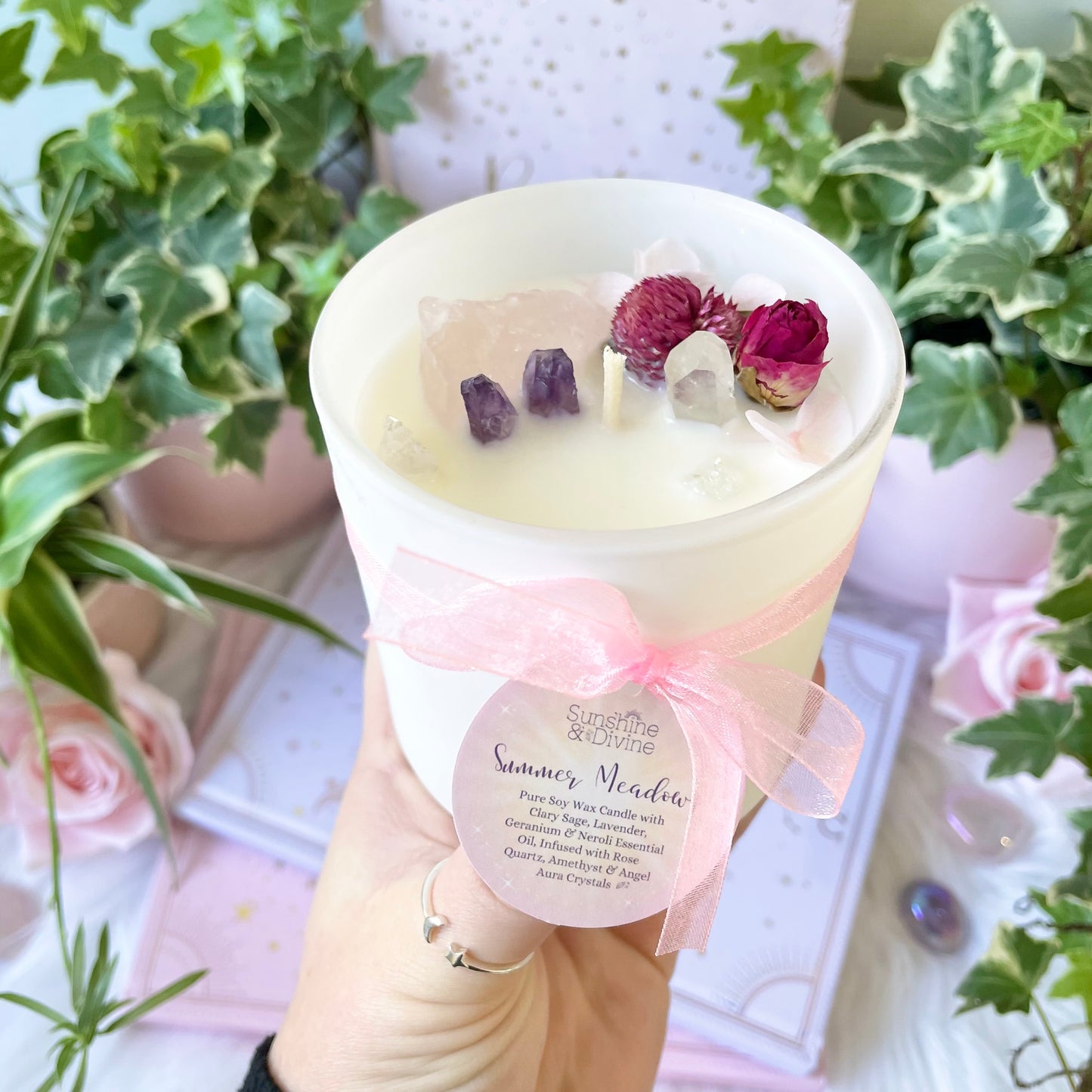 Summer Meadows Soy Wax Candle with Clary Sage, Lavender, Geranium, and Neroli essential oils, rose Quartz amethyst & clear Quartz crystals