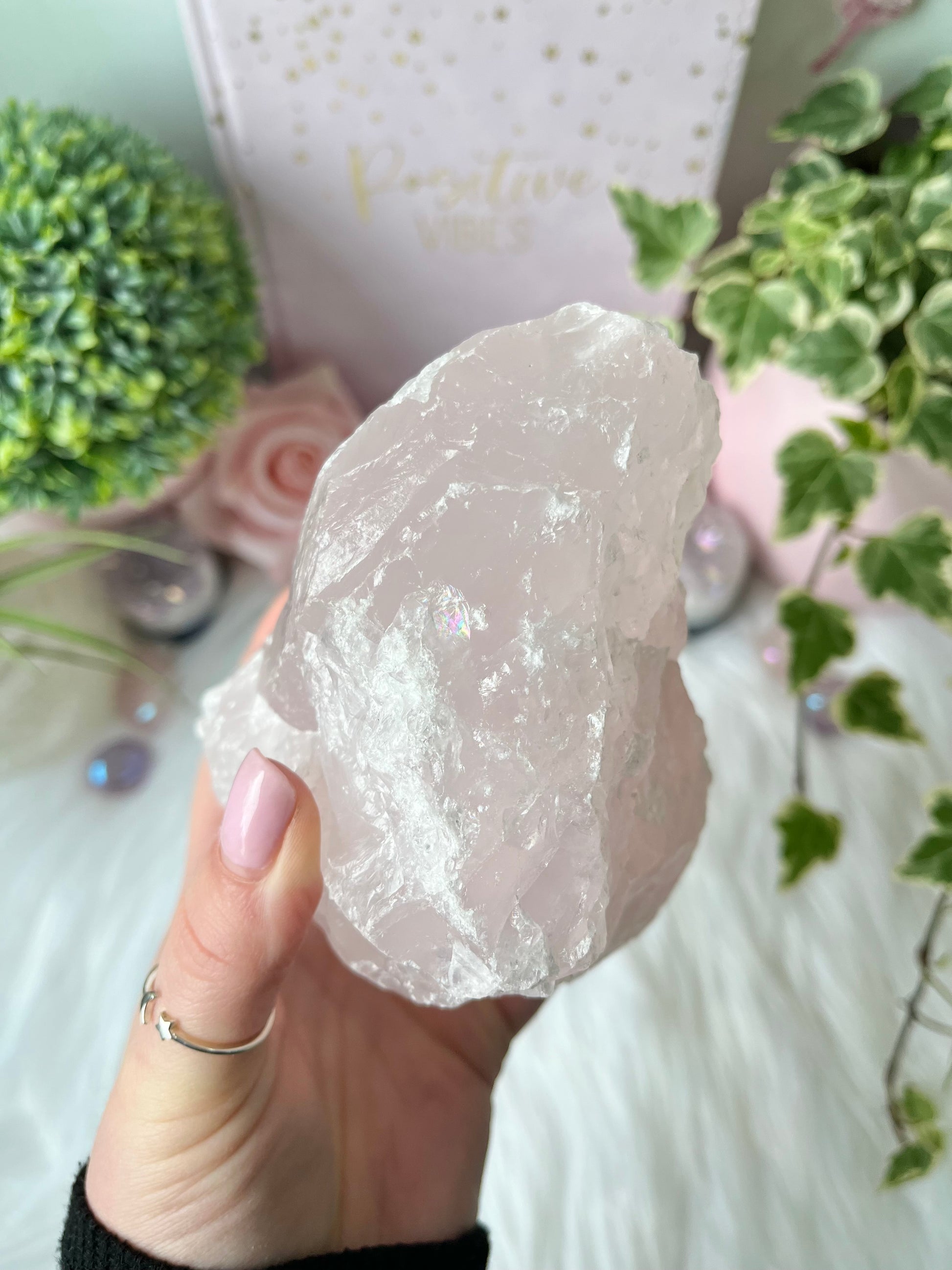 Rainbow in raw rose quartz
