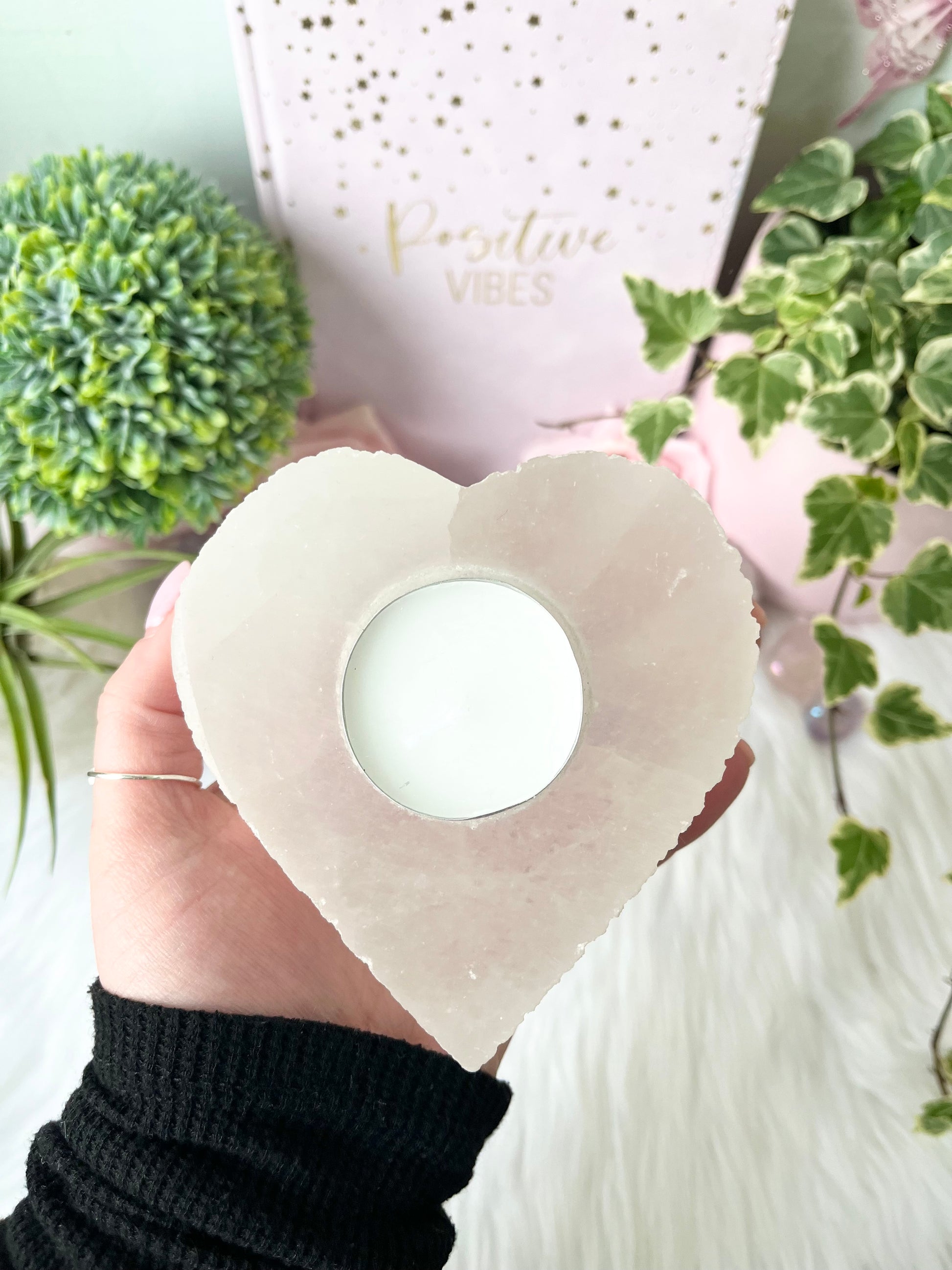 Selenite Heart T Light Holder